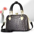 Women's dark grey crocodile texture handbag with gold hardware and top ring handles - Gray