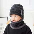 Winter knit hat and scarf set for boys with grey checkerboard pattern and plush lining - Kids Black Grey Set