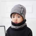 Gray checkered knit hat and fleece neck warmer set for boys with XBGBOY logo - Kids Grey Set