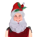 Kids Santa hat with white beard mask featuring green holly leaves for Xmas party decor - Santa Claus Style