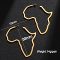 Detailed dimensions of gold Africa map earrings showing 75mm width and 88mm height - Height 88mm / Gold