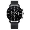Detail view of the black SHAARMS quartz watch with a milanese mesh band and calendar - Black Band Black Case Black Dial Silver Hands