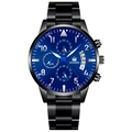 Business men's quartz watch with blue dial, black steel band and calendar display - Black Band Black Case Blue Dial Blue Hands