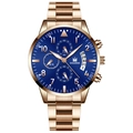Men's business quartz watch with rose gold strap and blue dial featuring a calendar - Rose Gold Band Rose Gold Case Blue Dial Rose Gold Hands