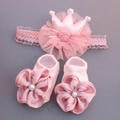 Pink infant headband with crown and matching floral baby socks gift set in soft mesh - Korean Pink Large Crown