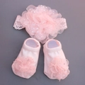 Pink infant headband and matching cotton socks set with layered mesh floral decoration - Silver Dot Print