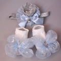 Baby headband and socks set featuring blue mesh bows with silver snowflake prints - Blue Crown