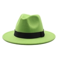 Detail view of neon green wool fedora hat with classic black ribbon band and flat brim - Fluorescent Green
