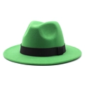 Classic green wool fedora hat with black ribbon band and structured flat brim for unisex wear - Grass Green