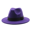 Detail of purple wool fedora hat with black grosgrain ribbon and structured flat brim - M (56-58cm) / Purple