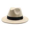 Beige wool fedora hat with black ribbon band for men and women in winter fashion - Beige