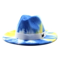 Tie-dye blue and yellow wool felt fedora hat with white ribbon and metal M buckle - M (56-58cm) / Yellow Blue #4