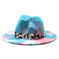 Cappello fedora tie-dye con fascia leopardata e fiocco nei colori blu, rosa e bianco - Stile Tie-Dye Blu Rosa Bianco