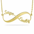 Collar infinito personalizado dorado con grabado Sage y Emily en fondo blanco - Collar Infinito de Nombres Dobles y Fecha / Dorado