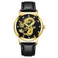 Men's quartz watch featuring a gold dragon relief on black dial with leather strap - Black Dial Gold Case Black Band