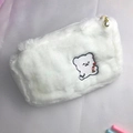Close-up of white plush cosmetic bag featuring bear embroidery and pearl zipper pendant - White Bear