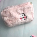 Pink plush pouch with rabbit embroidery and a decorative pearl zipper pull detail - Pink Rabbit