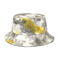 Detailed view of the gray and yellow graffiti tie-dye fabric on a reversible bucket hat - M (56-58cm) / Gray + Yellow (Tie-Dye Splatter)