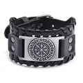 Men's vintage black leather Viking bracelet with silver Vegvísir compass charm buckle - PU Antique Silver-Vegvisir