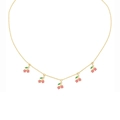 Sweet gold necklace with five pink and green zircon cherry pendants for women - Pink Cherry Style (XL00094)