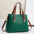 Détail du sac à main en cuir vert foncé avec garnitures dorées et poignées marron - Vert