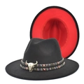 Two-tone wool fedora hat in black and red with ethnic band and bull skull accessory - M (56-58cm) / Black + Red