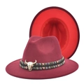 Detail of wool fedora featuring ethnic braided band and vintage bronze bull skull ornament - M (56-58cm) / Wine Red + Red
