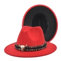 Red wool fedora hat with ethnic woven band and silver bull skull accessory for men and women - M (56-58cm) / Red + Black