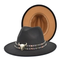 Detail of black fedora hat featuring colorful woven band and silver bull head ornament - M (56-58cm) / Black + Camel
