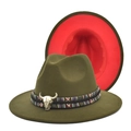Detail of army green fedora with red lining, ethnic band and silver bull skull accessory - M (56-58cm) / Army Green + Red