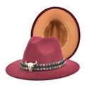 Detail of wool fedora with wine red and camel bicolor design and silver bull skull accent - M (56-58cm) / Wine Red + Camel