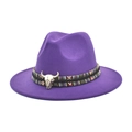 Detail of purple fedora hat featuring ethnic ribbon and vintage metal bull head accessory - M (56-58cm) / Purple