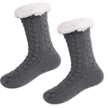 Detail of grey cable knit slipper socks with thick white fleece lining and anti-slip grips - One Size / Gray