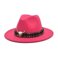 Detail of fuchsia wool jazz hat featuring ethnic band and bronze bull head ornament - M (56-58cm) / Rose Red