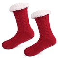 Red knit slipper socks with white fleece lining and anti-slip silicone dots on soles - One Size / Burgundy