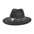 Classic black felt fedora hat with ethnic woven band and bull head metal ornament - M (56-58cm) / Black