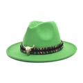 Detail of green felt fedora hat featuring a western bull head pendant and ethnic band - M (56-58cm) / Grass Green