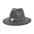Detail of dark grey wool felt fedora with ethnic woven band and bronze bull skull emblem - M (56-58cm) / Dark Gray