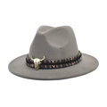 Classic grey felt fedora hat featuring an ethnic woven band and golden bull skull charm - M (56-58cm) / Light Gray