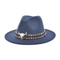 Detail of navy blue felt fedora with ethnic woven band and bronze bull skull emblem - M (56-58cm) / Navy Blue