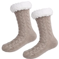 Detail of warm grey knit slipper socks with thick white plush lining and textured stitch - One Size / Light Coffee