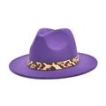 Detail view of purple wool fedora hat featuring leopard print band and gold metal rivet - M (56-58cm) / Purple