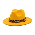 Detail of yellow wool fedora hat featuring leopard print band with gold metallic stud - M (56-58cm) / Yellow