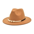 Close-up of camel fedora hat featuring decorative pearls and sparkling rhinestones - M (56-58cm) / Camel