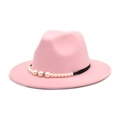 Classic pink wool fedora hat for women with elegant pearl and rhinestone ribbon band - M (56-58cm) / Pink