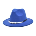 Close-up of royal blue wool fedora hat featuring black band with white pearl ornaments - M (56-58cm) / Sapphire Blue