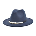Detail of dark blue wool fedora hat featuring elegant faux pearls and rhinestone trim - M (56-58cm) / Navy Blue