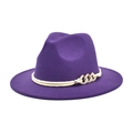 Detail of dark purple felt fedora with stylish braided rope and gold chain decoration - M(56-58cm) / Purple