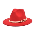 Red wool fedora hat with white braided rope and gold chain buckle on white background - M(56-58cm) / Red