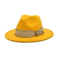 Macro shot of ginger yellow fedora hat showing felt texture and leather band with silver buckle - M (56-58cm) / Yellow